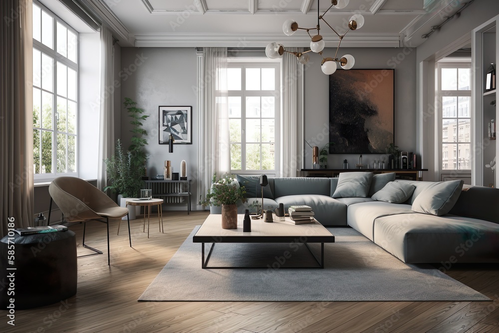 Luxuriöses Wohnzimmer mit stilvoller Inneneinrichtung. Viele Fenster und Durchgang in die Küche. Designermöbel und Kunstdekoration. Generative AI. Luxuriöses Wohnzimmer mit stilvoller Inneneinrichtung. Viele Fenster und Durchgang in die Küche. Designermöbel und Kunstdekoration. Generative AI.
