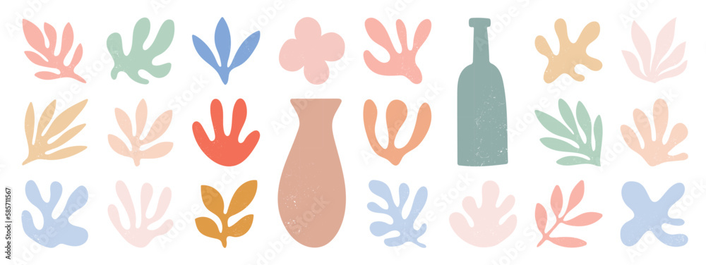 Set of abstract organic shapes inspired by matisse. Plants, leaf, algae, vase in paper cut collage style. Contemporary aesthetic vector element for logo, decoration, print, cover, wallpaper.