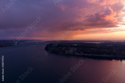 Aerial view of the Tacoma Narrows Bridge over the Puget Sound at twilight 