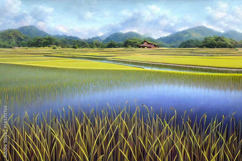 Paddy field With Farms And Mountains Generative Art