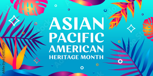 Asian American and Pacific Islander Heritage Month. Vector banner for social media, card, flyer. Illustration with text, tropical plants. Asian Pacific American Heritage Month horizontal composition