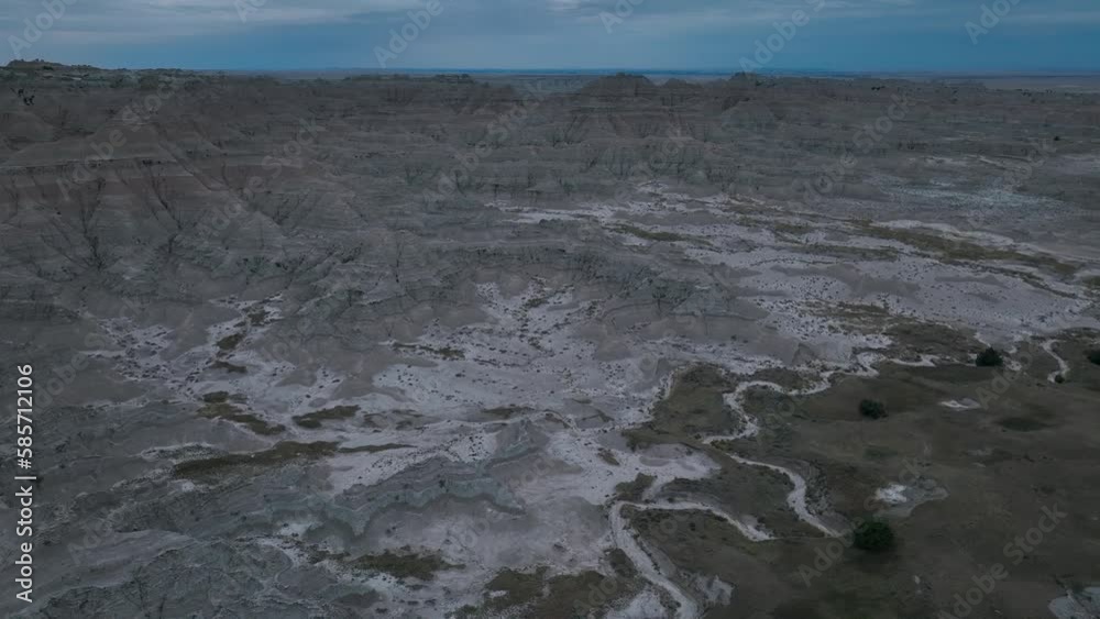 Drone shot of the Badlands National Park on a stormy overcast day. Drone shot of the Badlands National Park on a stormy overcast day.
