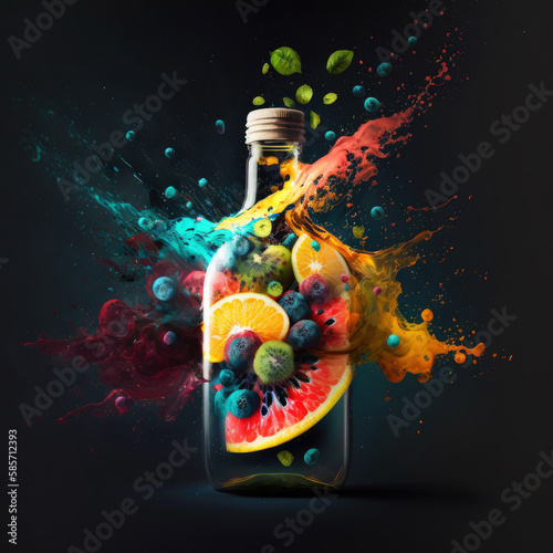 Glass bottle filled with fruits and bright colors bursting out of it on a dark background. Generative ai