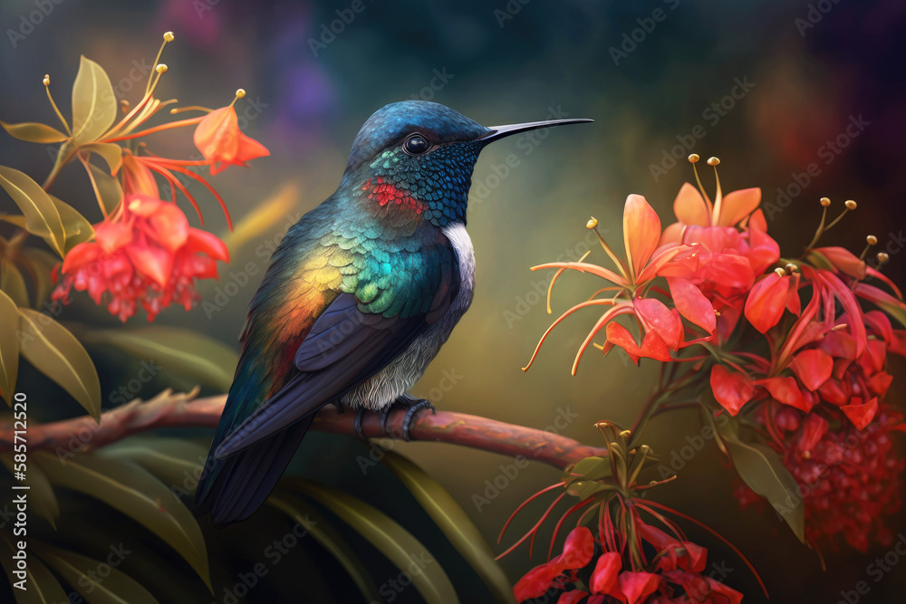 Detailed illustration, render of a humming bird on a colorful floral background sitting on a tree branch. Generative AI Detailed illustration, render of a humming bird on a colorful floral background sitting on a tree branch. Generative AI