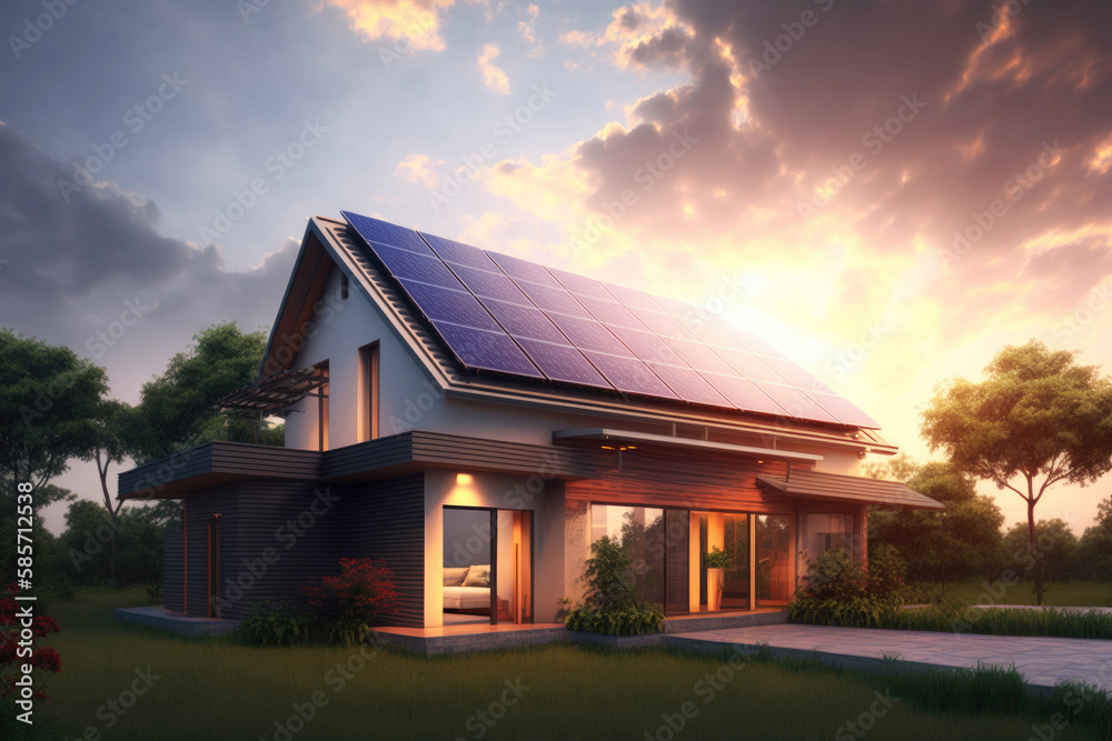 Family home, newly build house with solar panels on the roof top, sun peaking trough the clouds in the sky. Generative AI Family home, newly build house with solar panels on the roof top, sun peaking trough the clouds in the sky. Generative AI