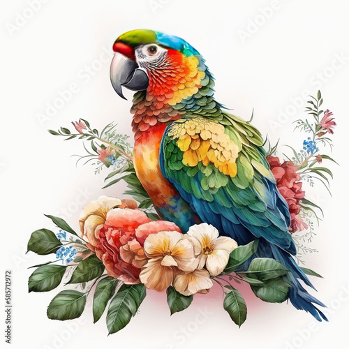 Island Paradise, Vibrant Parrot with Exotic Floral Watercolor, Isolated on White Background - Generative AI