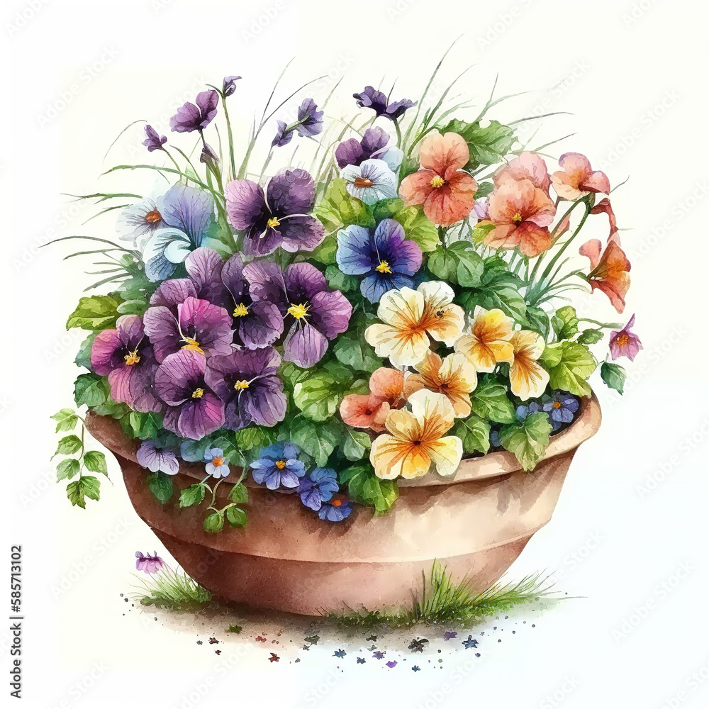 The Beauty of Spring, Watercolor Painting of Planter with Spring Flowers, Isolated on White Background - Generative AI