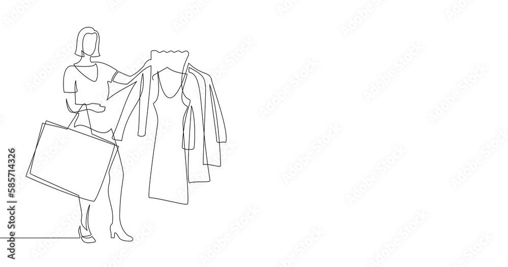 Animation of an image drawn with a continuous line. Woman in a clothing store. The girl with a bag chooses a dress. Animation of an image drawn with a continuous line. Woman in a clothing store. The girl with a bag chooses a dress.