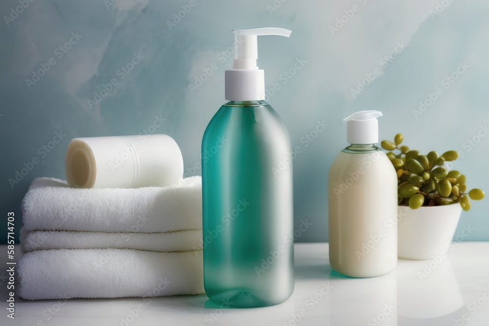 Liquid soap and shampoo in the bathroom, personal care and health products, Generative AI. Liquid soap and shampoo in the bathroom, personal care and health products, Generative AI.