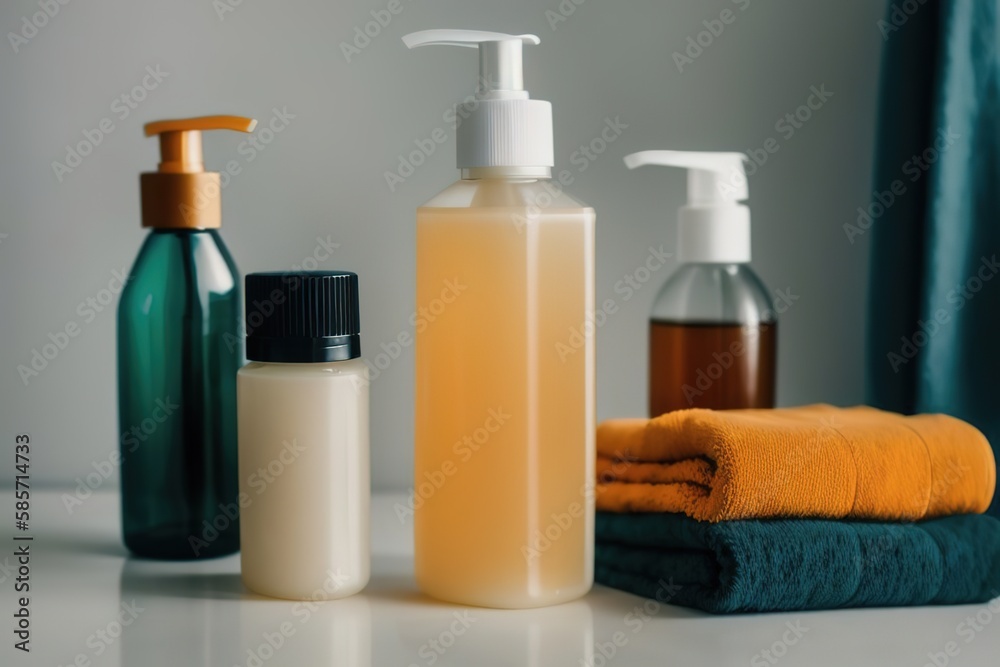 Liquid soap and shampoo in the bathroom, personal care and health products, Generative AI. Liquid soap and shampoo in the bathroom, personal care and health products, Generative AI.
