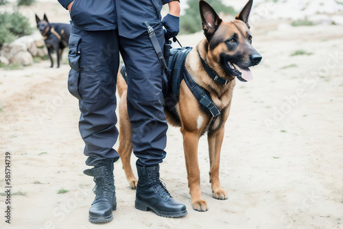 Belgian Shepherd Malinois guarding the border with a border guard. Generative AI.