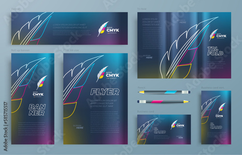 Identity cmyk polygraphy theme Cover colored feather pen Set flyer cover, tri-fold, banner, roll up banner, business card
