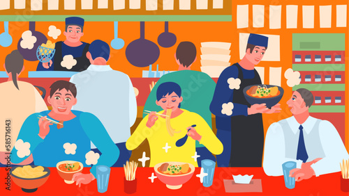 ラーメン屋でラーメンやつけ麺を食べる人たち。フラットなベクター背景イラスト。
people eating ramen or dipping noodles at a ramen restaurant. Flat designed vector background illustration.