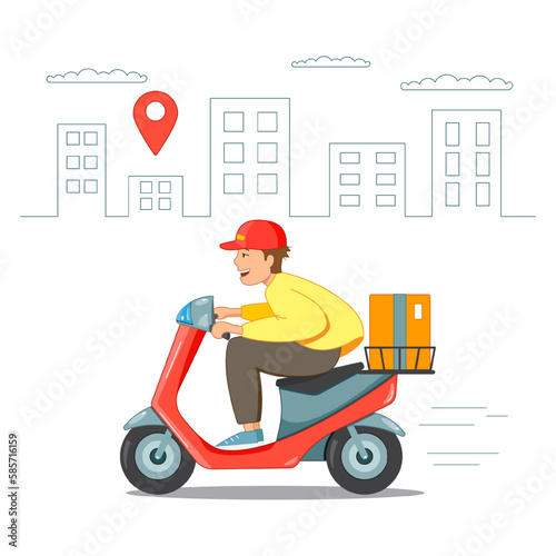 delivery on a scooter, a guy in a company uniform rushes on a motorcycle, hurries to deliver the order