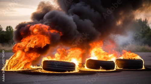 Burning tires on asphalt. Thick black smoke. Dark scene. Can be used to illustrate environmental pollution. Generative AI photography. © Valeriy
