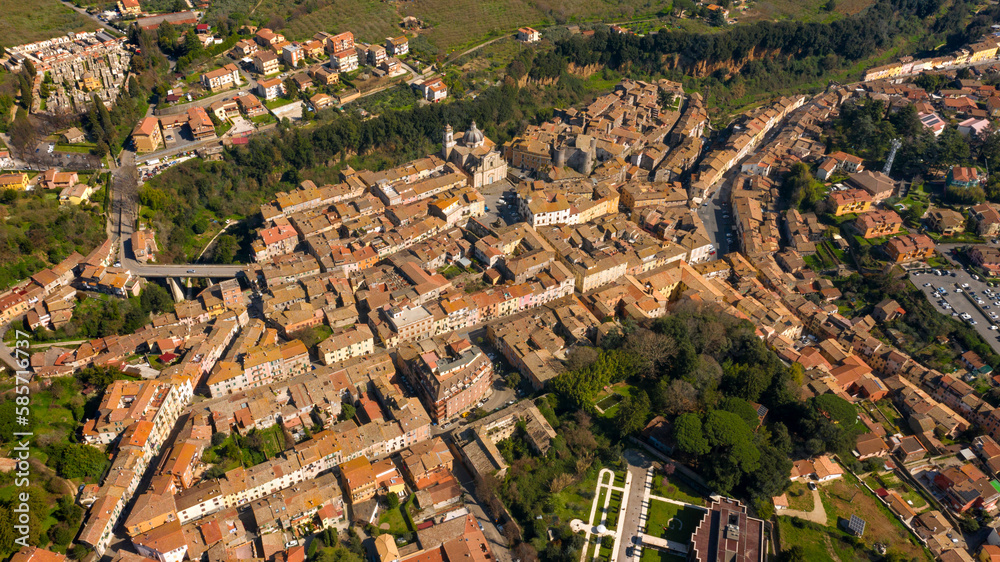 Aerial view of Ronciglione, a city near Viterbo, central Italy. The Castle, originally built in the High Middle Ages and the Cathedral, a Baroque edifice, are the main points of interest.