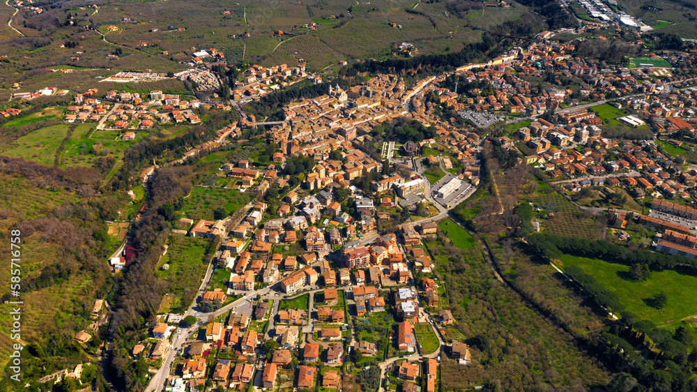 Aerial view of Ronciglione, a city near Viterbo, central Italy. The Castle, originally built in the High Middle Ages and the Cathedral, a Baroque edifice, are the main points of interest.