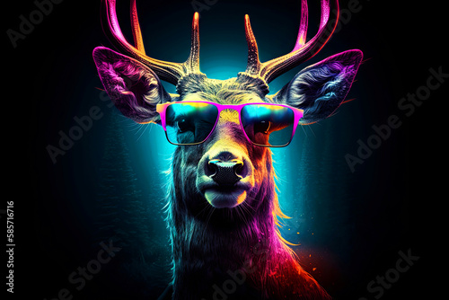 Generative AI illustration of a realistic hipster character Deer in sunglasses and neon colors.