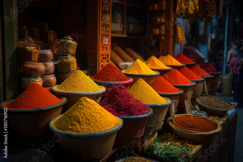 Fototapeta Naklejka Na Ścianę i Meble -  The colourful spices on a stall in the bazaar. ai generative