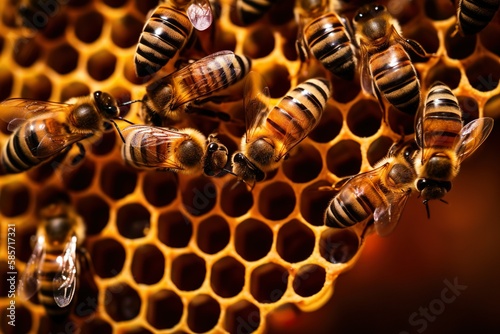Macro shot of bees at work, focused on the honeycomb cells filled with golden honey - created with generative AI technology