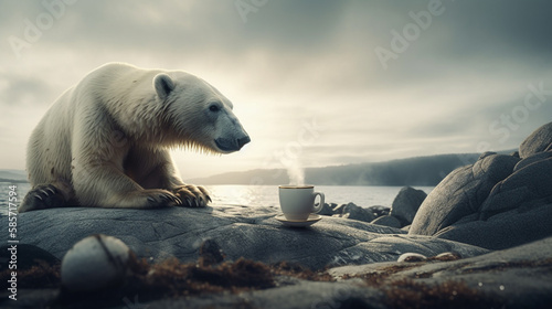 A polar bear is sitting next to a coffee mug. AI generated