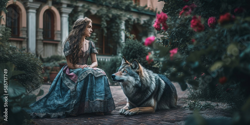 A girl in a dress is sitting next to a wolf in the garden. AI generated 