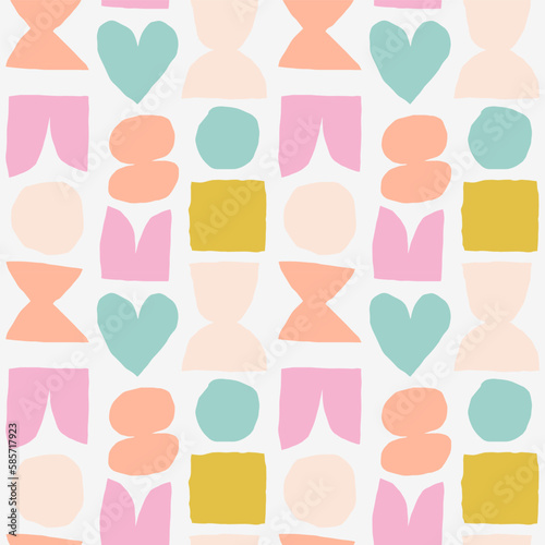 Cute and simple pattern with cut out abstract shapes. Colourful seamless texture with heart, circle, square and abstract figures. Hand drawn modern background in pastel colours