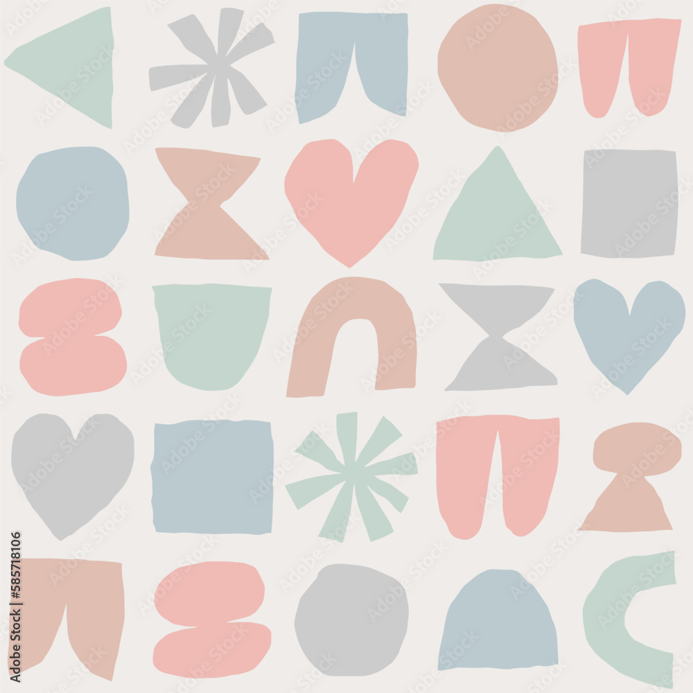 Vector pattern with different abstract shapes. Artistic texture with paper cut elements. Modern background with cutout circle, heart, square, triangle, and other abstract shapes Vector pattern with different abstract shapes. Artistic texture with paper cut elements. Modern background with cutout circle, heart, square, triangle, and other abstract shapes