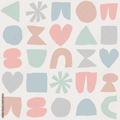Vector pattern with different abstract shapes. Artistic texture with paper cut elements. Modern background with cutout circle, heart, square, triangle, and other abstract shapes