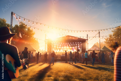 A lively outdoor concert, with people dancing on the grass, under a clear blue sky and shining sun