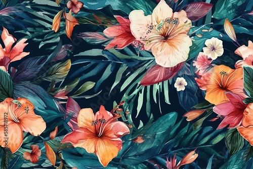tropical flowers and leaves in watercolor. Generative AI