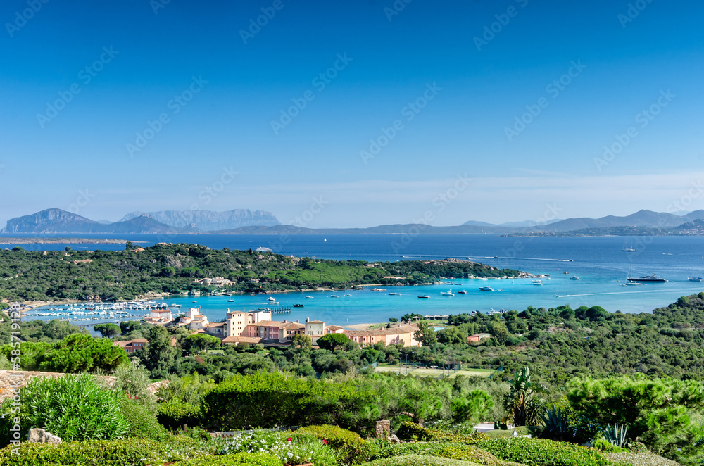 Aerial view of a Sardinian luxury seacoast resort village Porto Cervo in Costa Smeralda