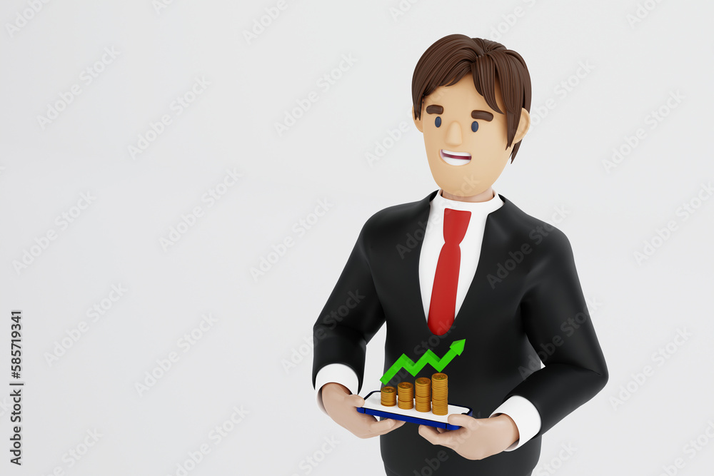 Businessman holding smartphone in hand with stack of coin and business graph chart, 3D rendering. Businessman holding smartphone in hand with stack of coin and business graph chart, 3D rendering.