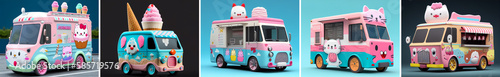 Cute ice cream truck. Ice cream food truck, isolated van, cartoon car for street food icecream Automobile cafe on wheels with ice cream assortment, loudspeaker on rood and chalkboard, 3d illustration.