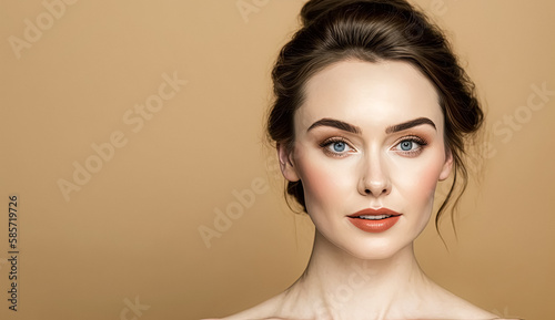 Charming woman with naked shoulders and natural makeup looking at camera isolated on beige. healthy clean slon spa concept cosmetic skin care, spa beauty treatment, skincare. Generative AI