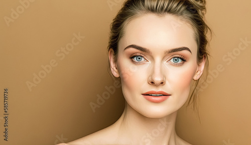 Charming woman with naked shoulders and natural makeup looking at camera isolated on beige. healthy clean slon spa concept cosmetic skin care, spa beauty treatment, skincare. Generative AI