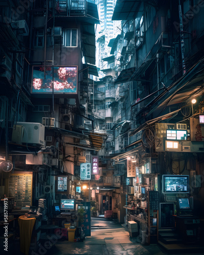 A dystopian architectural landscape in Hong Kong: cyberpunk of the future, Generative AI © spreephoto
