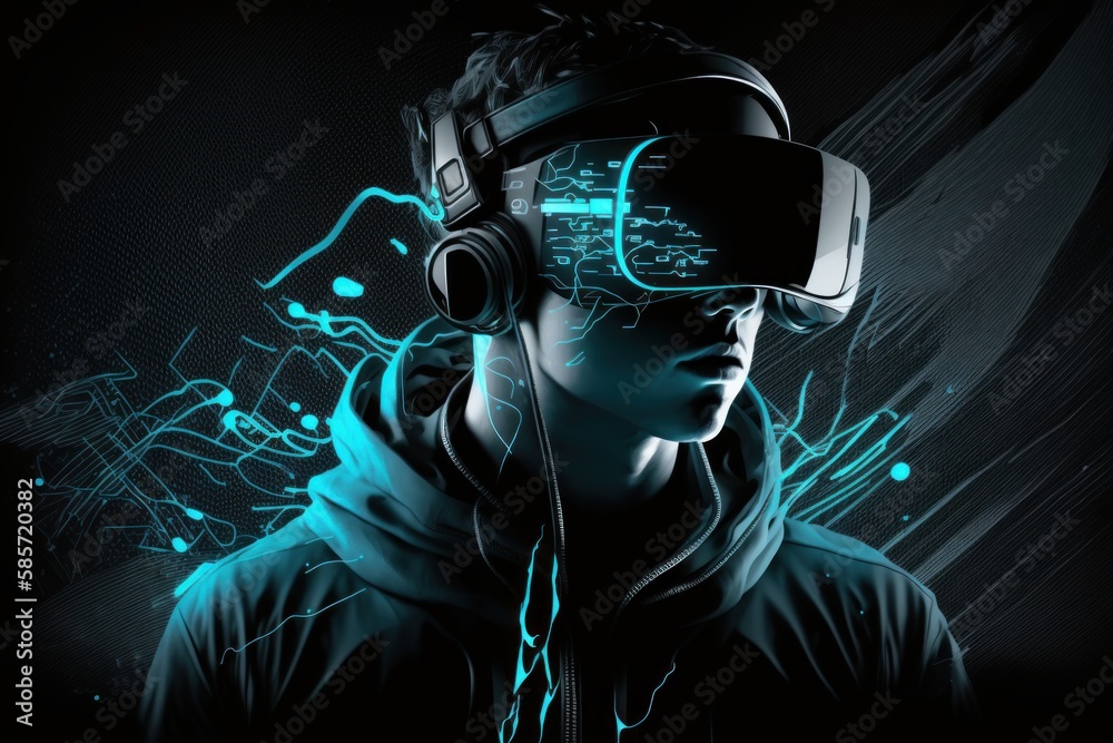 Abstract futuristic man in virtual reality glasses. Beautiful illustration picture. Generative AI Abstract futuristic man in virtual reality glasses. Beautiful illustration picture. Generative AI