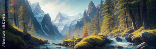 Illustration of a serene mountain lake with lush trees in the background created with Generative AI technology