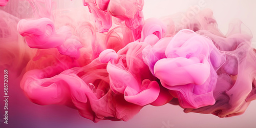 Generative AI illustration. Close-up of swirling pink and white smoke in the background. Horizontal panorama.