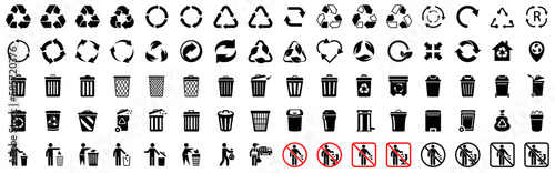 Trash icons and recycle signs, Recycle icons collection. Vector illustration photo