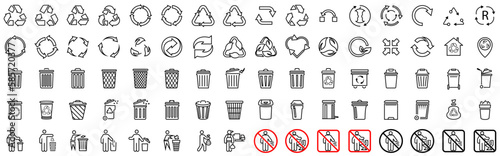Canvastavla Trash icons and recycle signs, Recycle icons collection