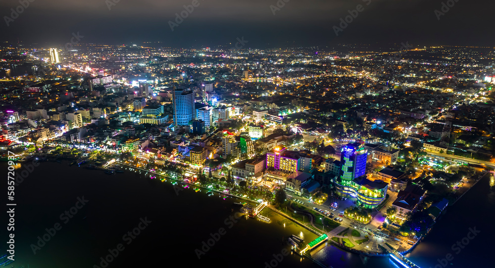 Can Tho city, Can Tho, Vietnam at night, aerial view. This is a large city in Mekong Delta, developing infrastructure, population, and agricultural product trading center of Vietnam