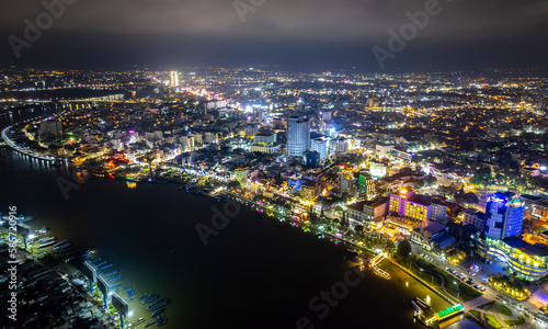 Can Tho city, Can Tho, Vietnam at night, aerial view. This is a large city in Mekong Delta, developing infrastructure, population, and agricultural product trading center of Vietnam © huythoai