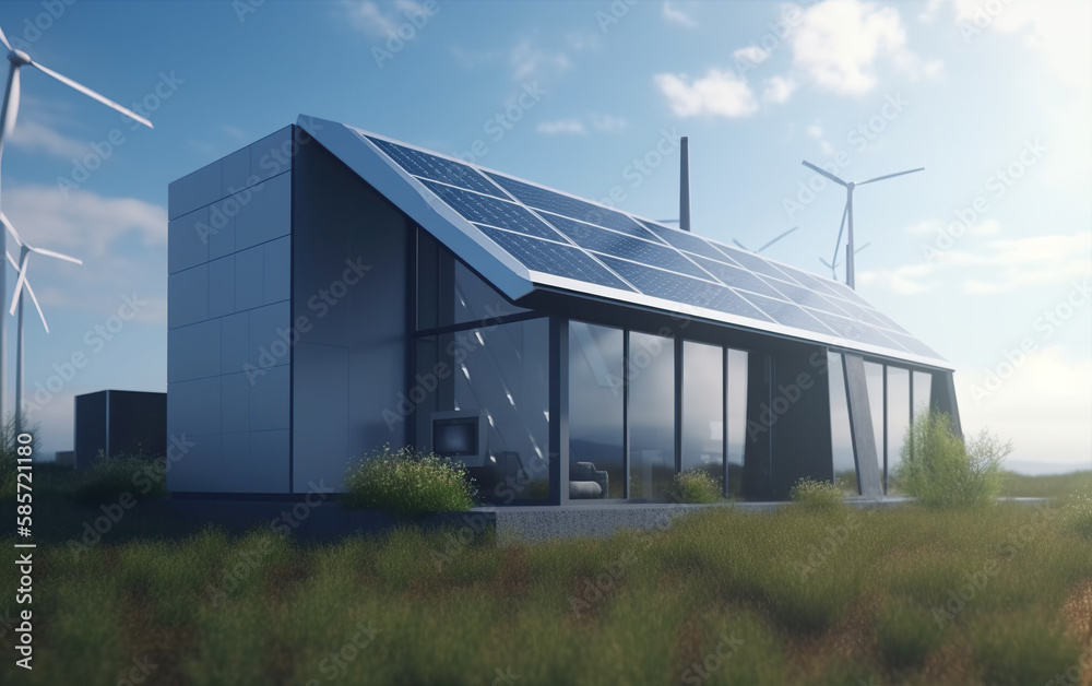 Generative AI of a modern building with solar panels and wind turbines
