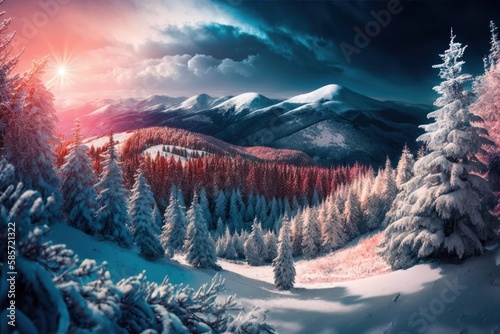 Carpathian mountains. Majestic winter panorama. Beautiful illustration picture. Generative AI