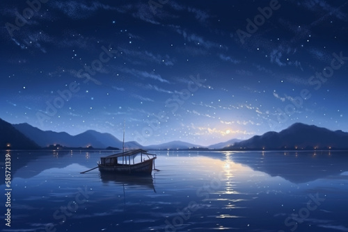 Fishing boat on the sea among the night sky with many stars reflected in the water. AI Generated