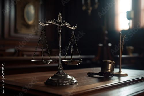 Law theme, mallet of judge, wooden gavel in courtroom, Generative AI