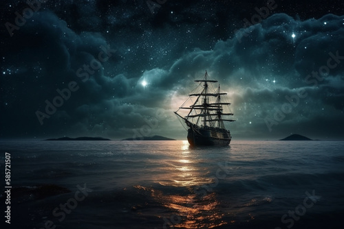 Pirate ship with sails on the sea among the night sky with many stars reflected in the water. AI Generated