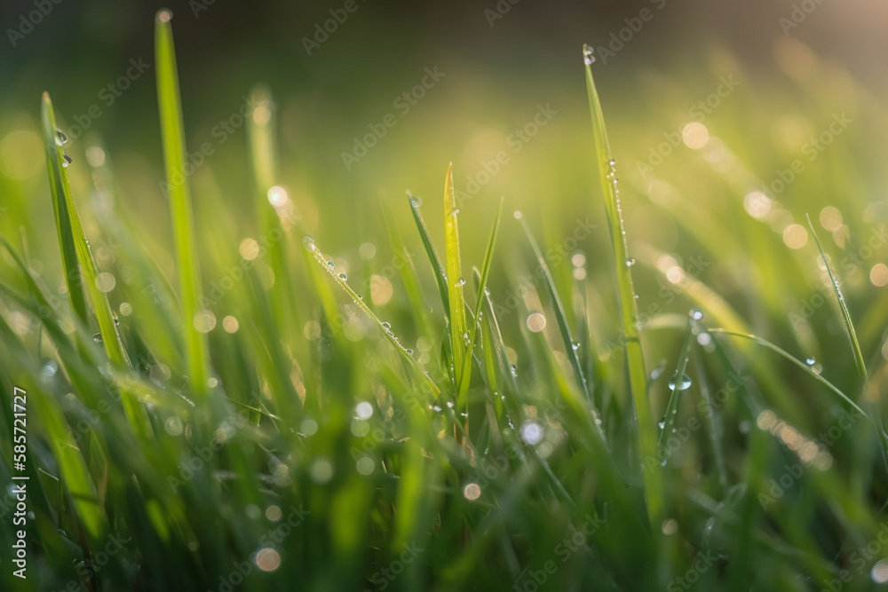 Green juicy grass in the rays of the morning rising sun and dew drops. AI Generated Green juicy grass in the rays of the morning rising sun and dew drops. AI Generated